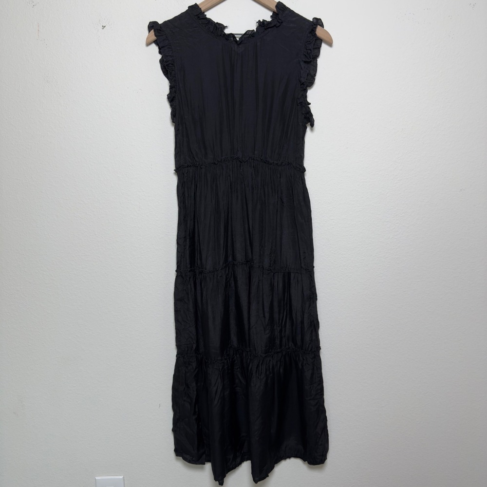 Guadalupe Women Cotton Delia Midi Dress Small Black Ruffle Tiered Midi Cottage
